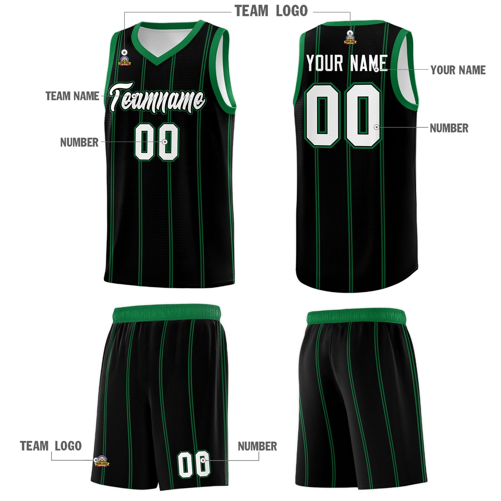 Custom Black Kelly Green White Vertical Stripes Single Sided Sets Basketball Jersey | For Men,Stitched,Perfect for Training,Add Name and Numbern | KXKSHOP