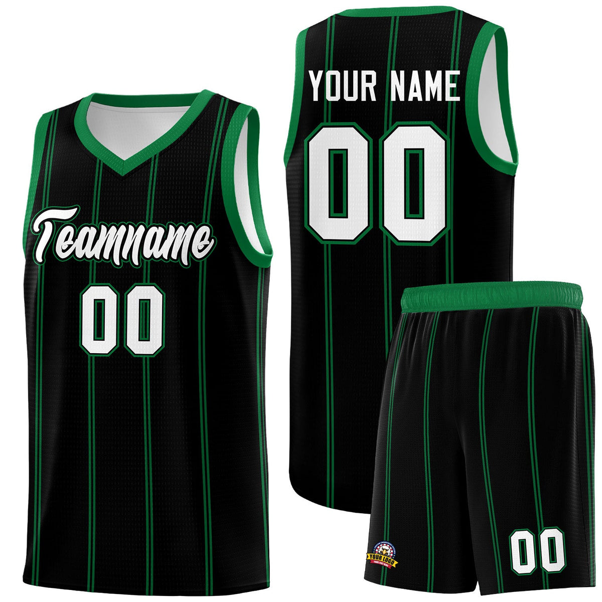Custom Black Kelly Green White Vertical Stripes Single Sided Sets Basketball Jersey | For Men,Stitched,Perfect for Training,Add Name and Numbern | KXKSHOP