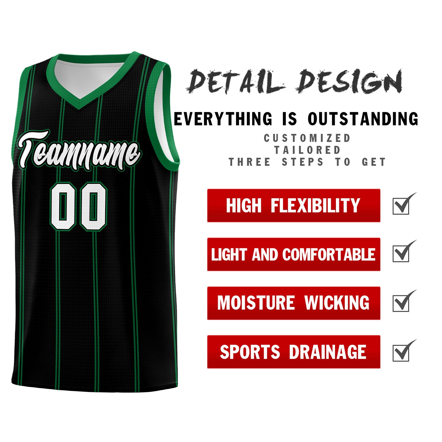 Custom Black Kelly Green White Vertical Stripes Single Sided Sets Basketball Jersey | For Men,Stitched,Perfect for Training,Add Name and Numbern | KXKSHOP