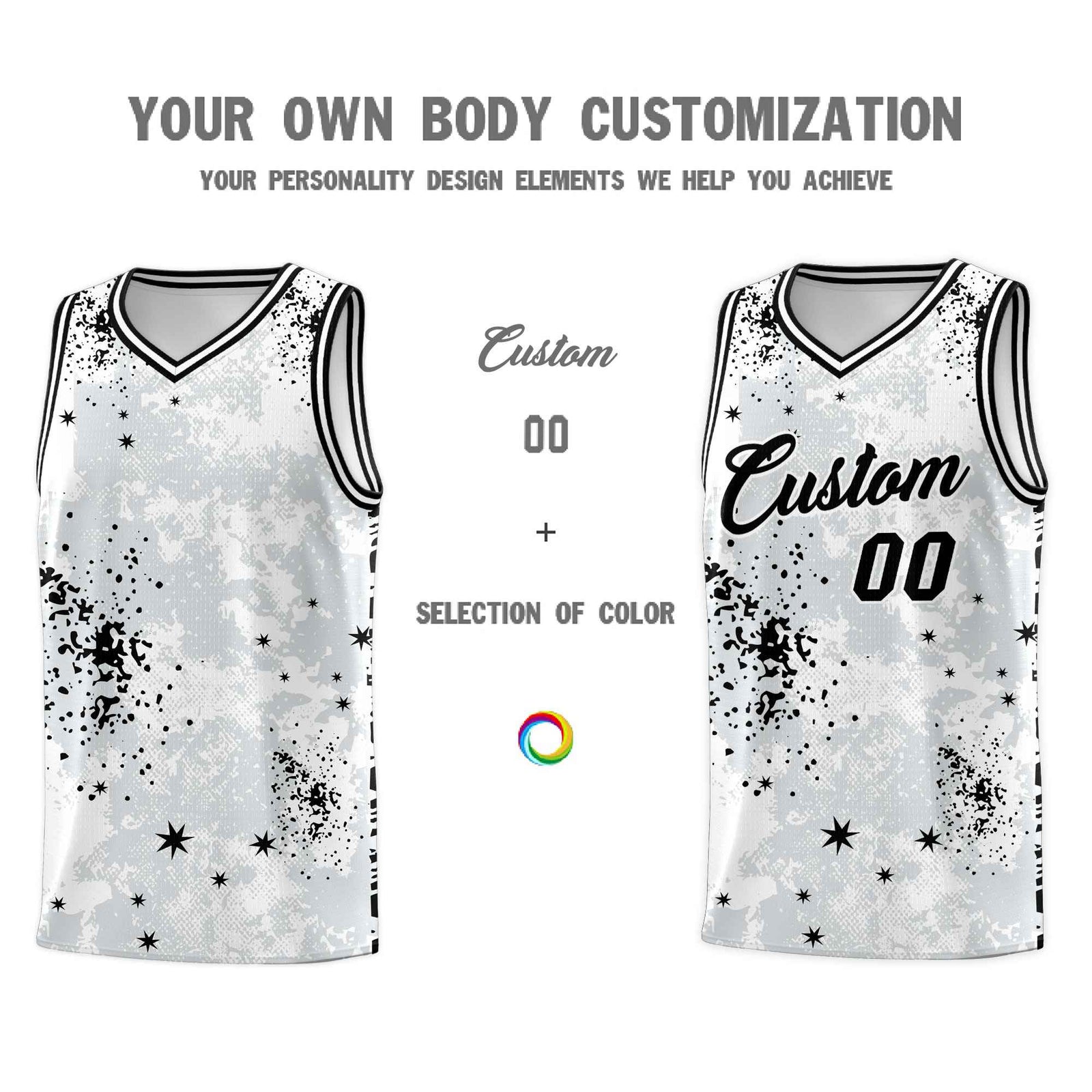 Custom White Black Vice Burst Galactic Graffiti Moisture-Wicking Basketball Jersey