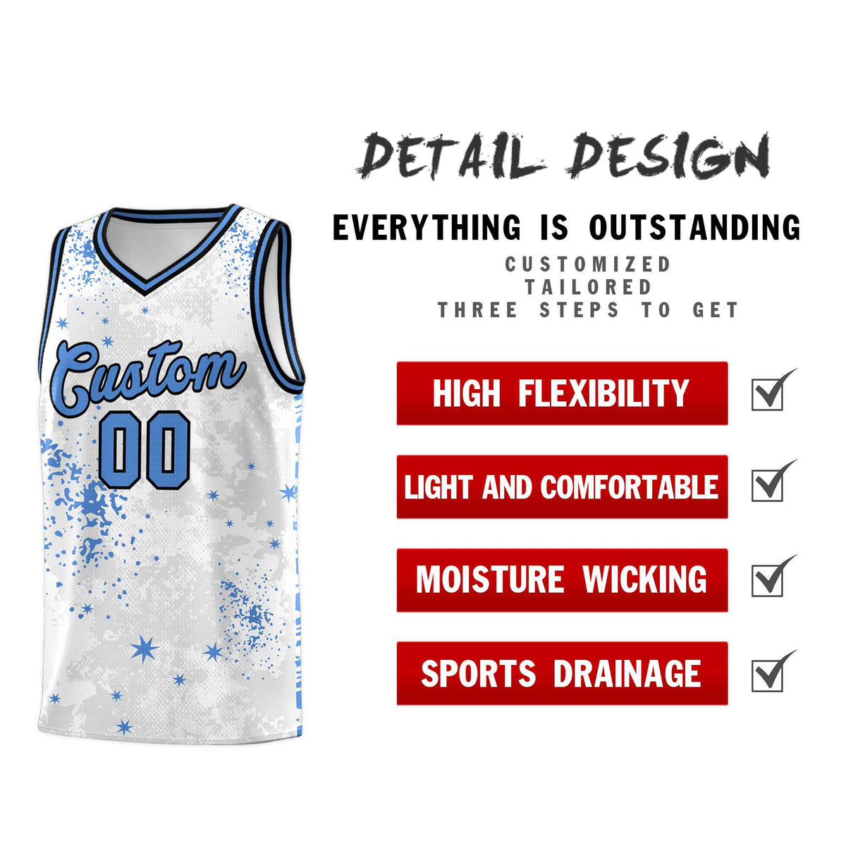 Custom White Powder Blue Vice Burst Galactic Graffiti Quick-Drying Basketball Jersey