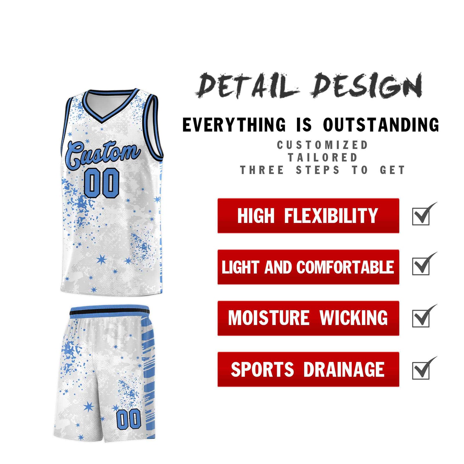 Custom White Powder Blue Vice Burst Galactic Graffiti Quick-Drying Basketball Jersey