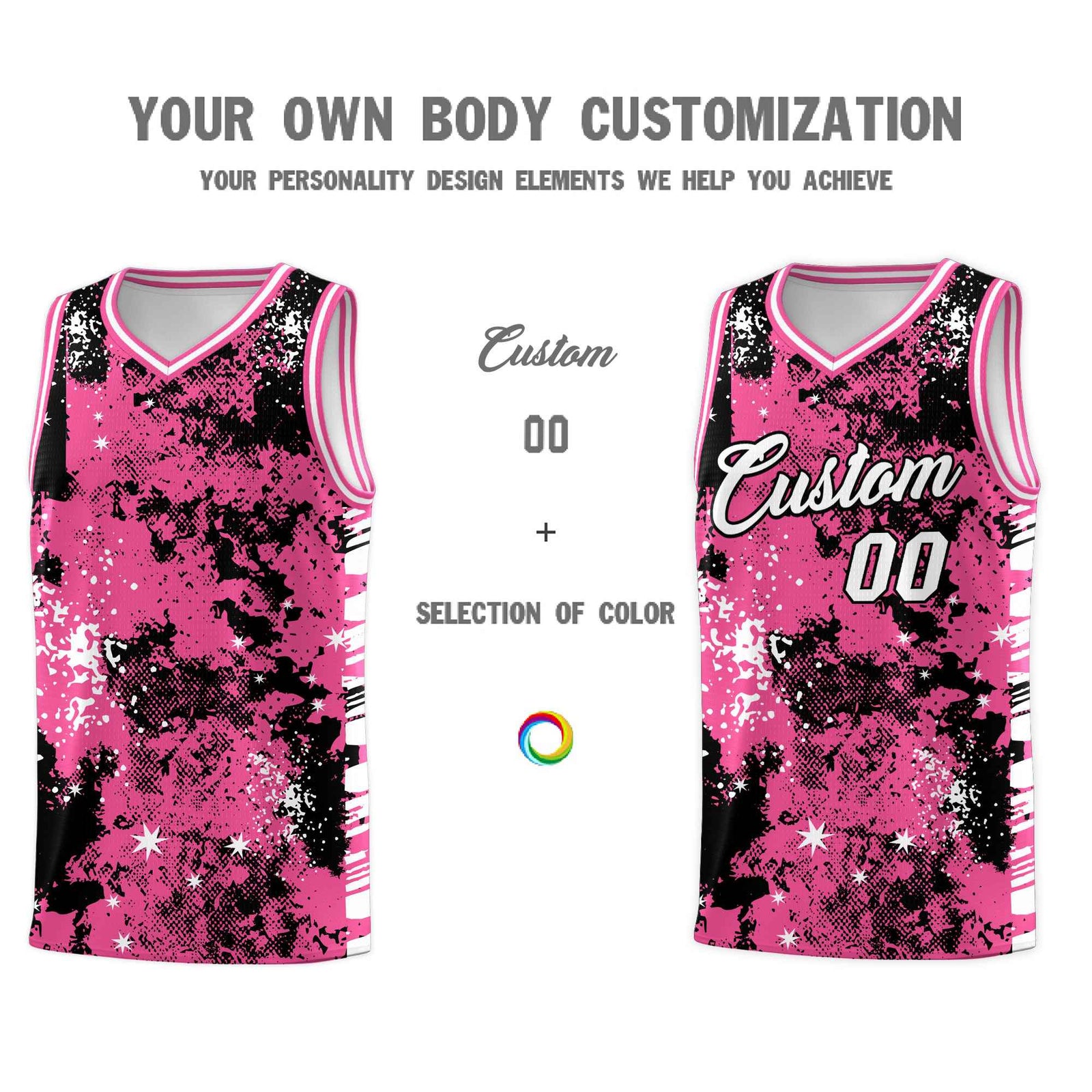 Custom Pink Black Vice Burst Galactic Graffiti Drapable Basketball Jersey