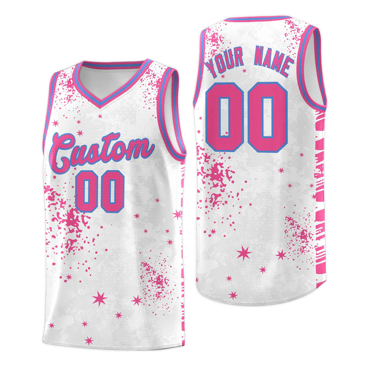 Custom Pink Powder Blue Vice Burst Galactic Graffiti Sublimation Printing Basketball Jersey