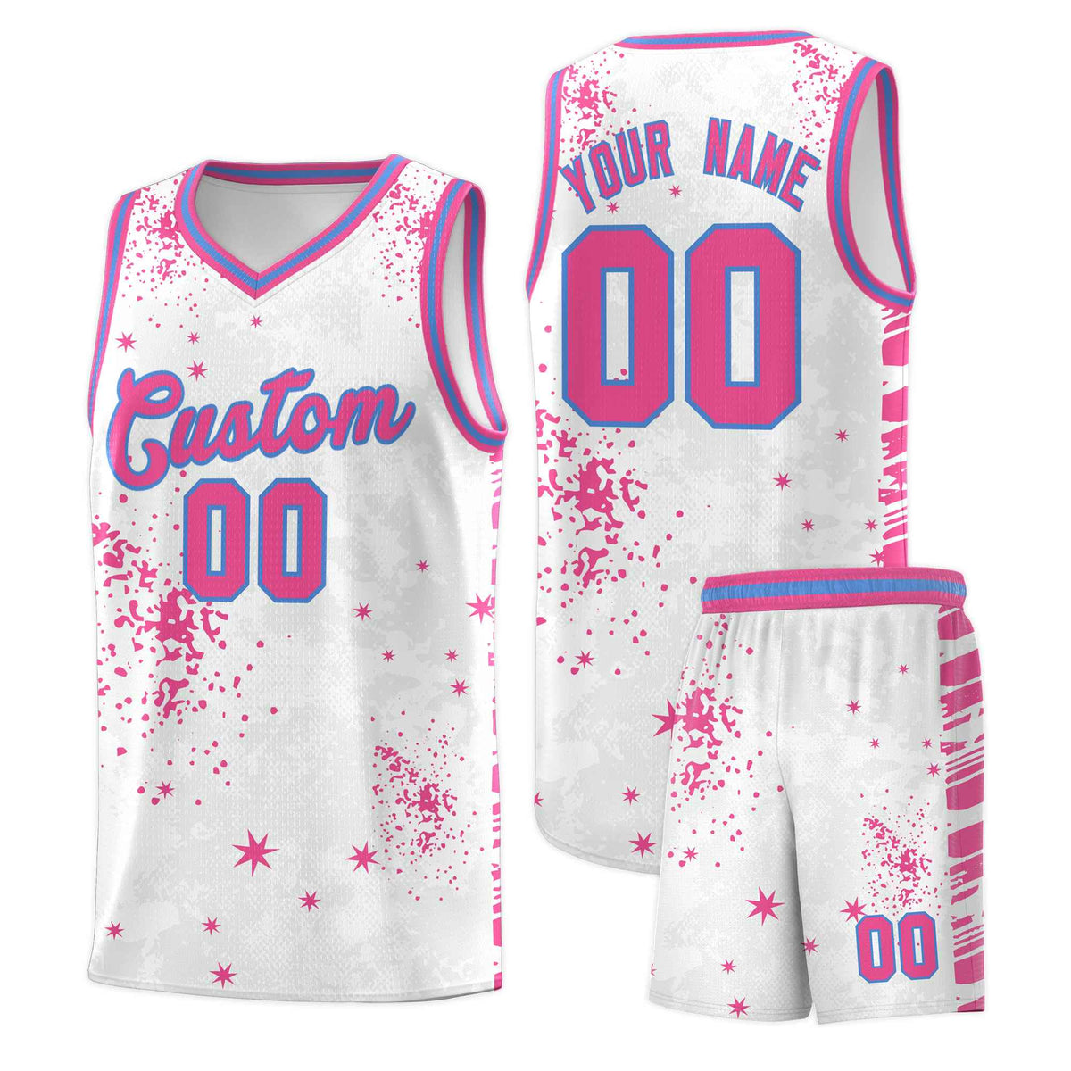 Custom Pink Powder Blue Vice Burst Galactic Graffiti Sublimation Printing Basketball Jersey