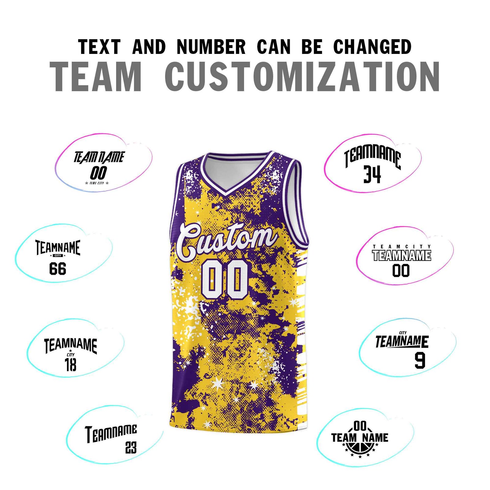 Custom Gold Purple Vice Burst Galactic Graffiti Drapable Basketball Jersey