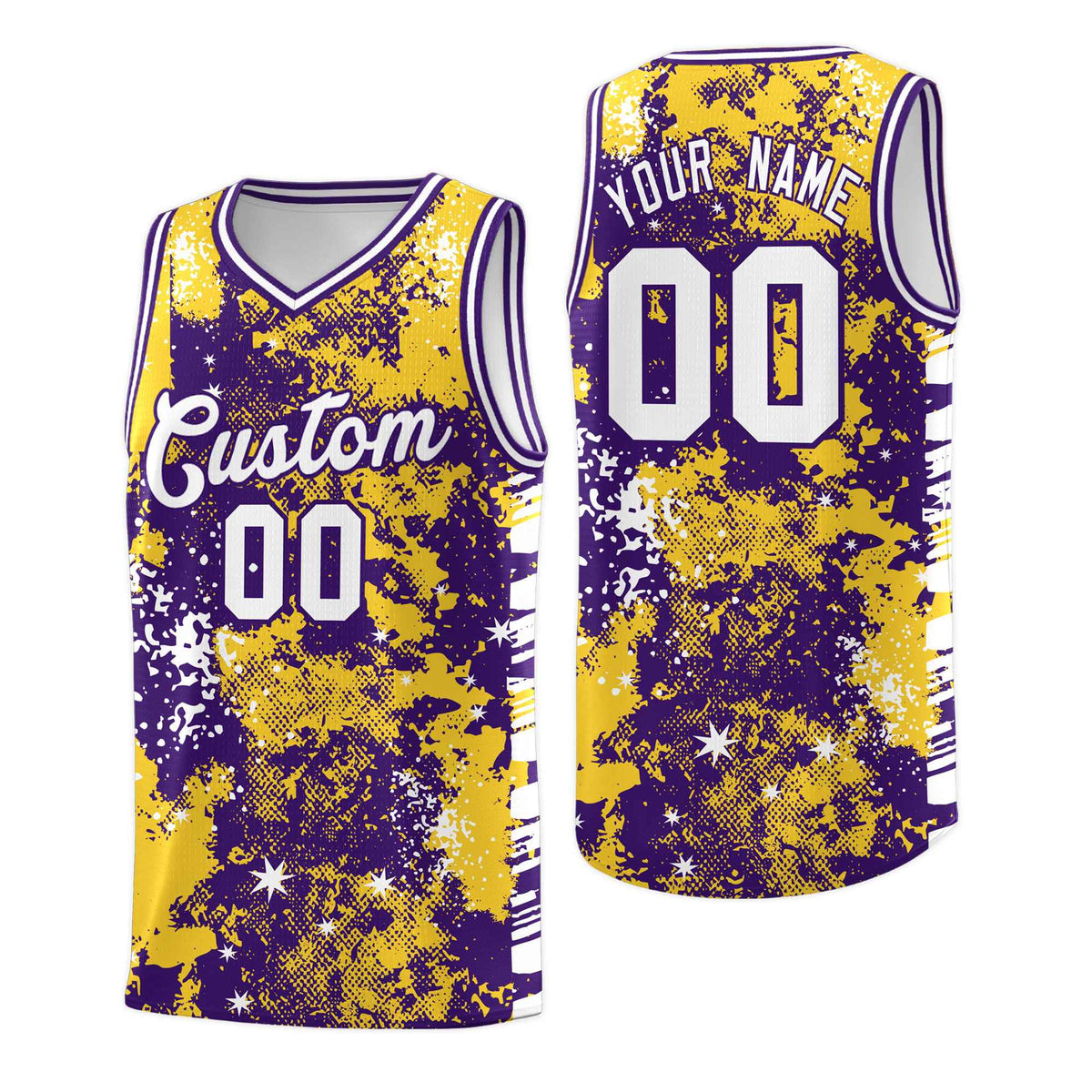 Custom Gold Purple Vice Burst Galactic Graffiti Sublimation Printing Basketball Jersey