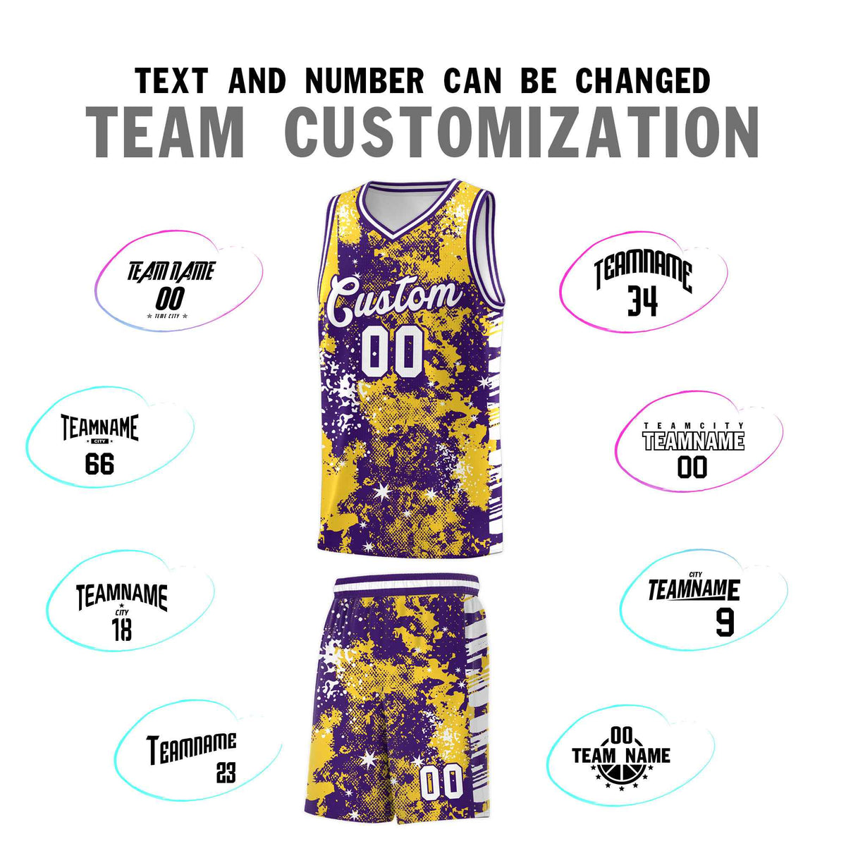Custom Gold Purple Vice Burst Galactic Graffiti Sublimation Printing Basketball Jersey