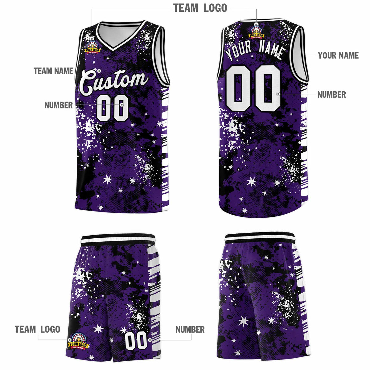 Custom Purple Black Vice Burst Galactic Graffiti Stretch Fabric Basketball Jersey
