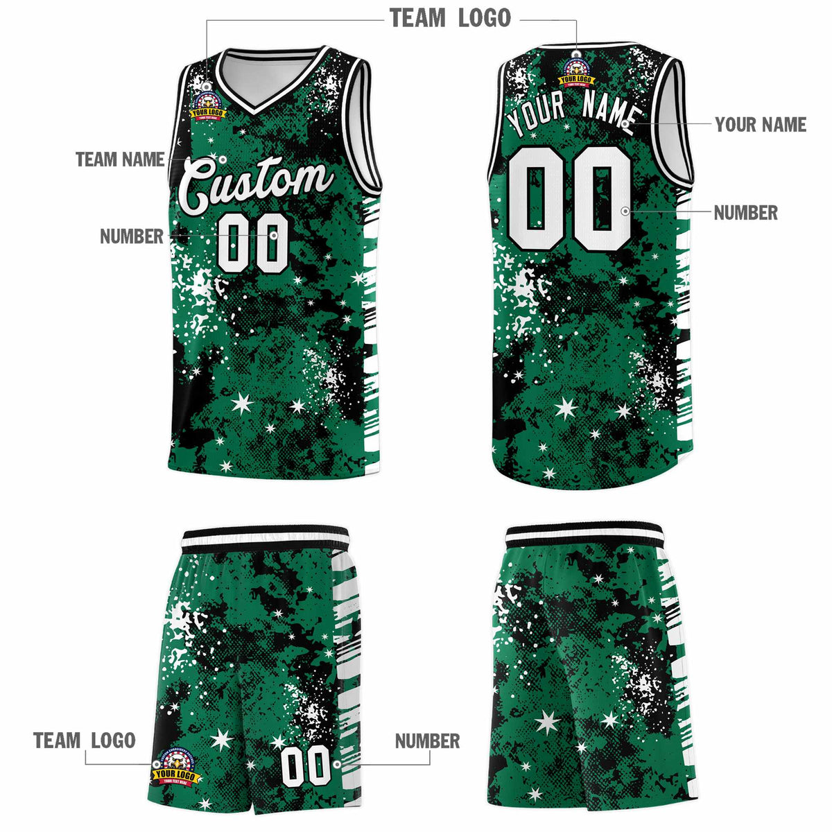 Custom Kelly Green Black Vice Burst Galactic Graffiti Wrinkle-Resistant Basketball Jersey