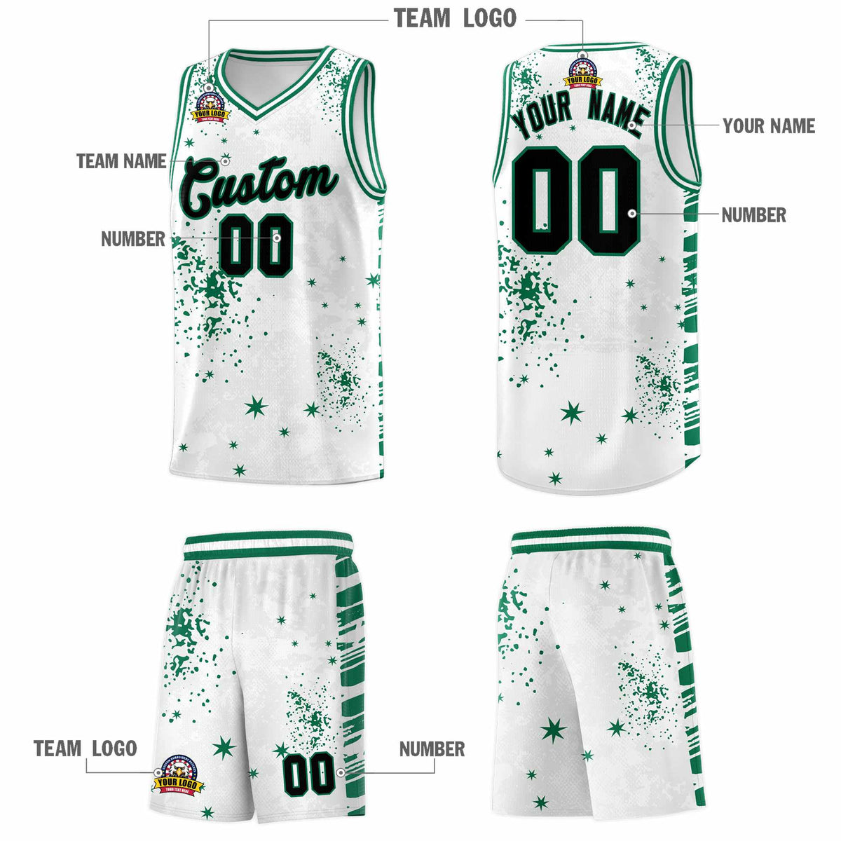 Custom White Kelly Green Vice Burst Galactic Graffiti Breathable Basketball Jersey