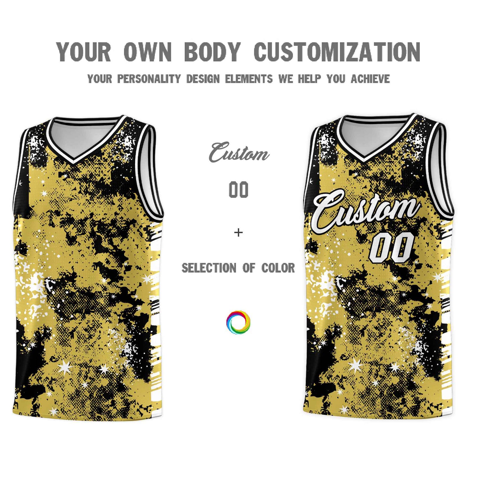 Custom Old Gold Black Vice Burst Galactic Graffiti Lightweight Basketball Jersey