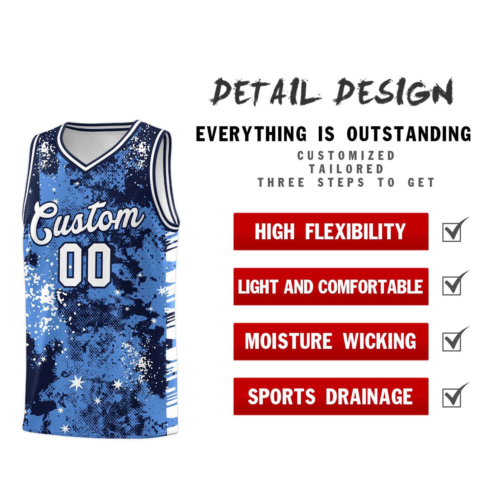 Custom Powder Blue Navy Vice Burst Galactic Graffiti Drapable Basketball Jersey