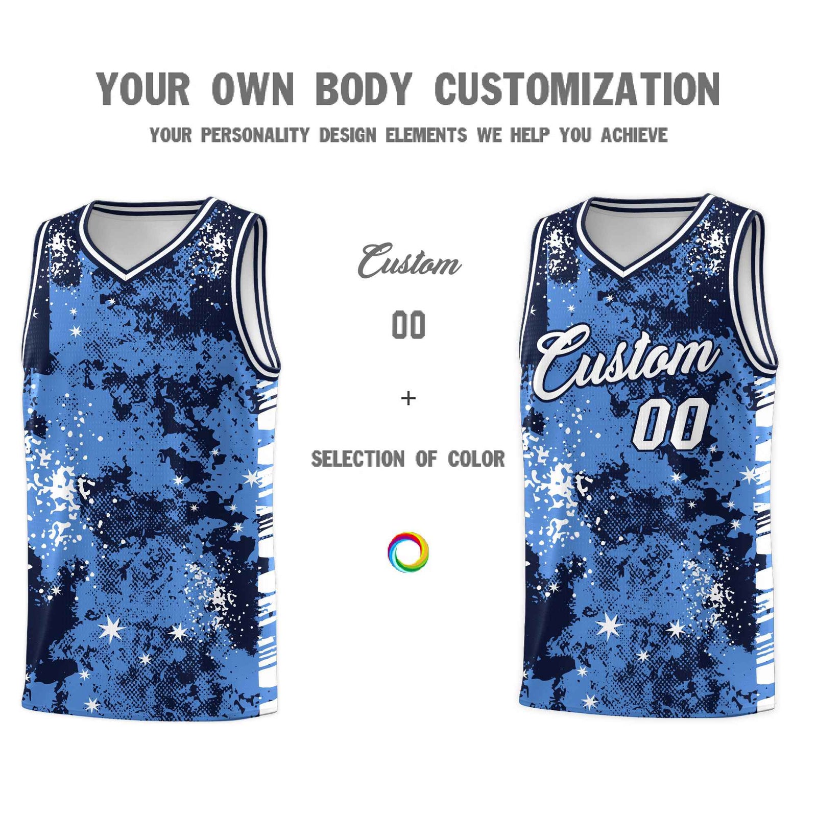 Custom Powder Blue Navy Vice Burst Galactic Graffiti Drapable Basketball Jersey