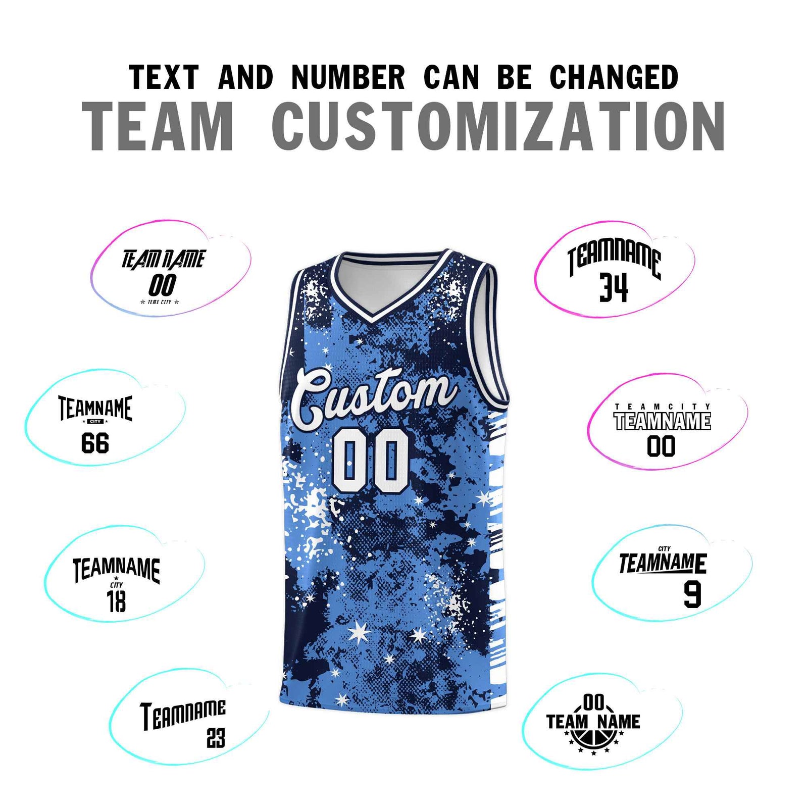 Custom Powder Blue Navy Vice Burst Galactic Graffiti Drapable Basketball Jersey