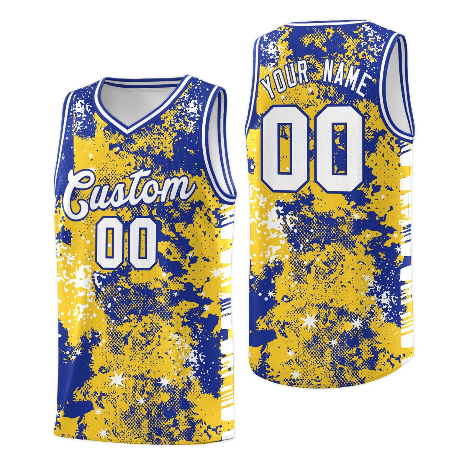 Custom Gold Royal Blue Vice Burst Galactic Graffiti Sublimation Printing Basketball Jersey