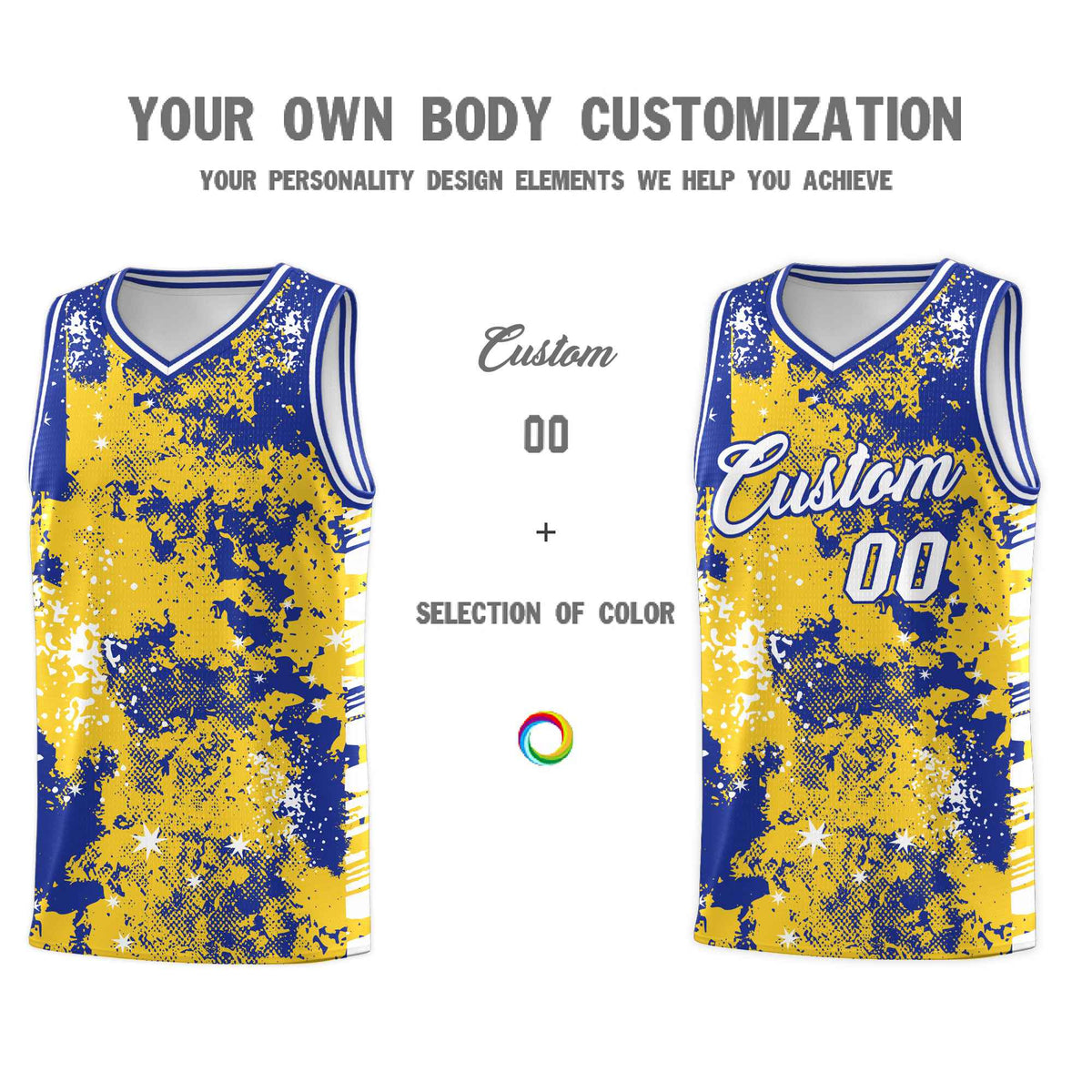 Custom Gold Royal Blue Vice Burst Galactic Graffiti Sublimation Printing Basketball Jersey