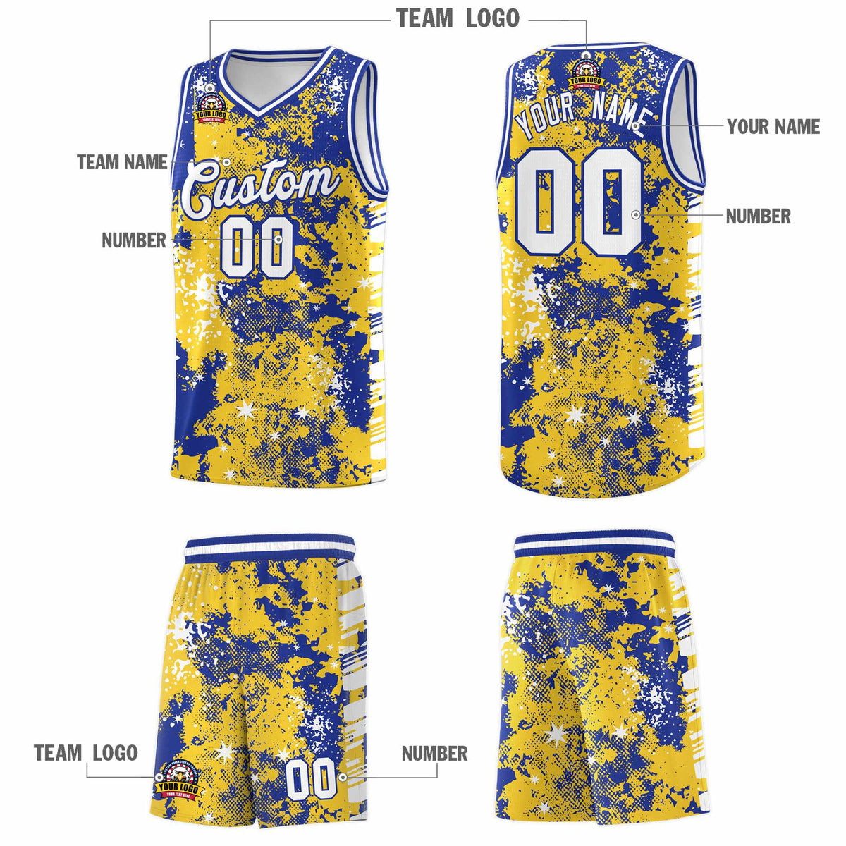 Custom Gold Royal Blue Vice Burst Galactic Graffiti Sublimation Printing Basketball Jersey