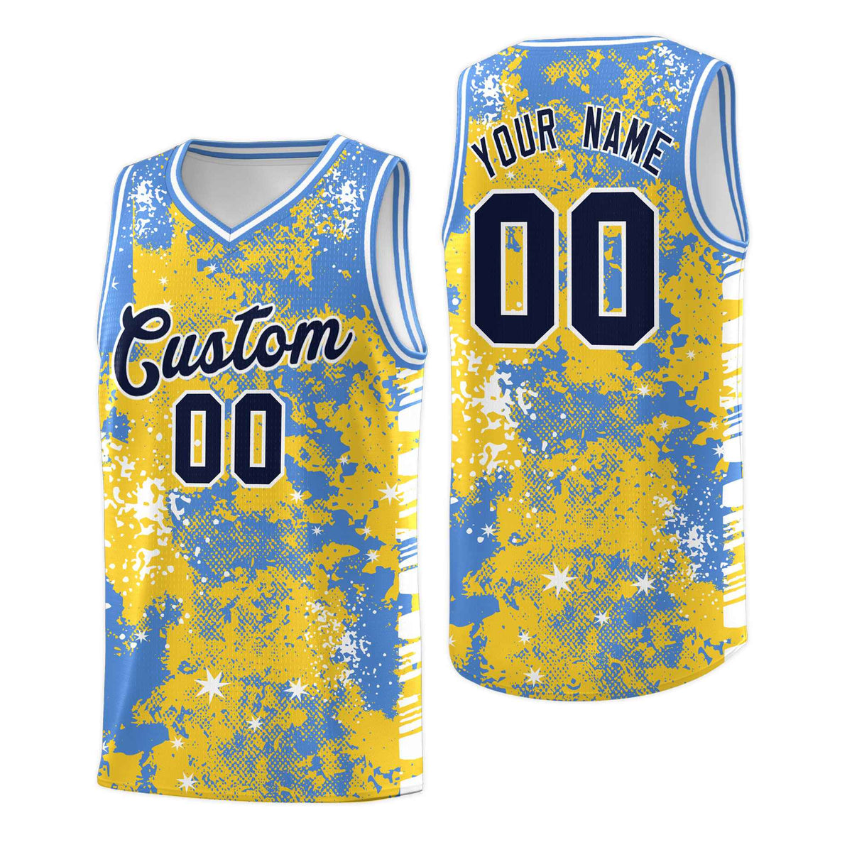 Custom Gold Powder Blue Vice Burst Galactic Graffiti Stretch Fabric Basketball Jersey