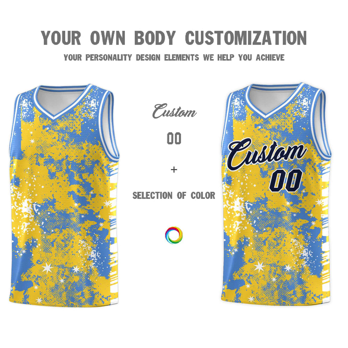 Custom Gold Powder Blue Vice Burst Galactic Graffiti Stretch Fabric Basketball Jersey