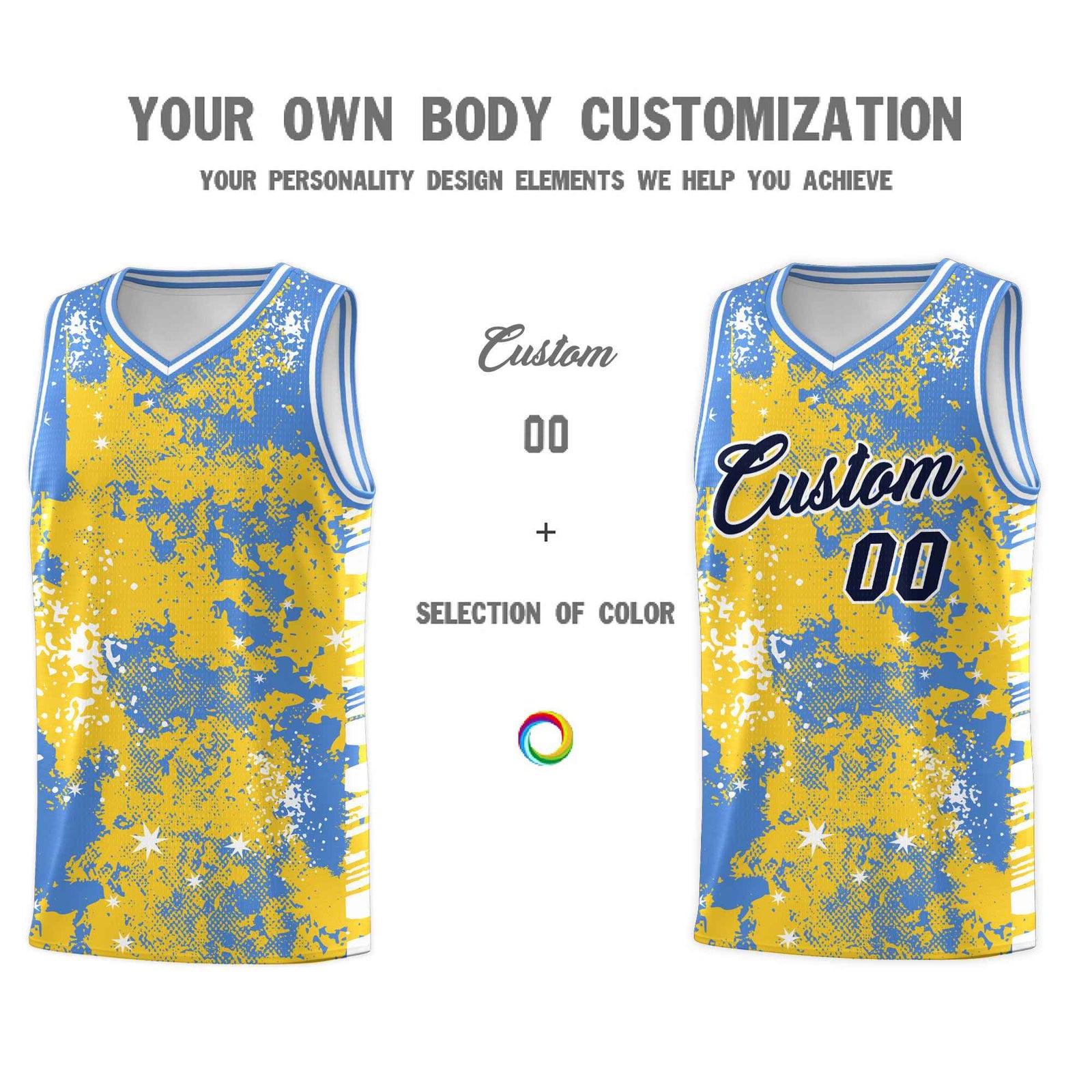 Custom Gold Powder Blue Vice Burst Galactic Graffiti Stretch Fabric Basketball Jersey