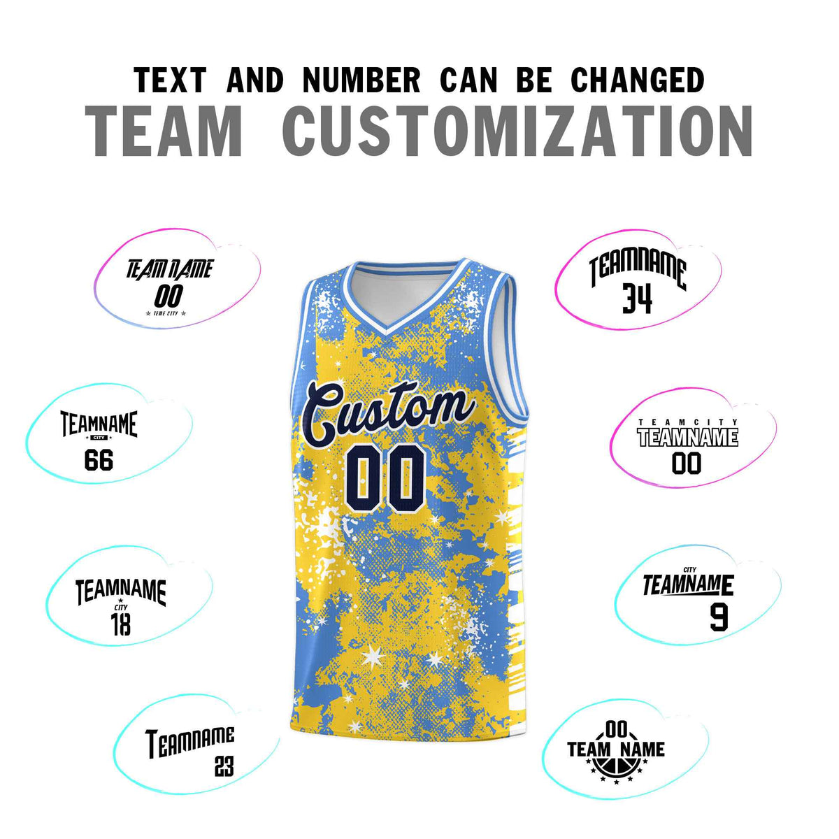 Custom Gold Powder Blue Vice Burst Galactic Graffiti Stretch Fabric Basketball Jersey