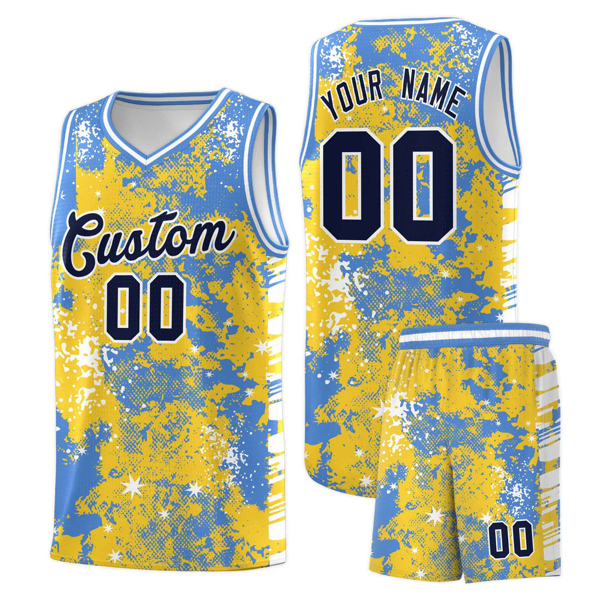 Custom Gold Powder Blue Vice Burst Galactic Graffiti Stretch Fabric Basketball Jersey