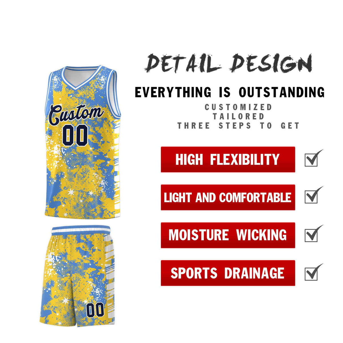 Custom Gold Powder Blue Vice Burst Galactic Graffiti Stretch Fabric Basketball Jersey