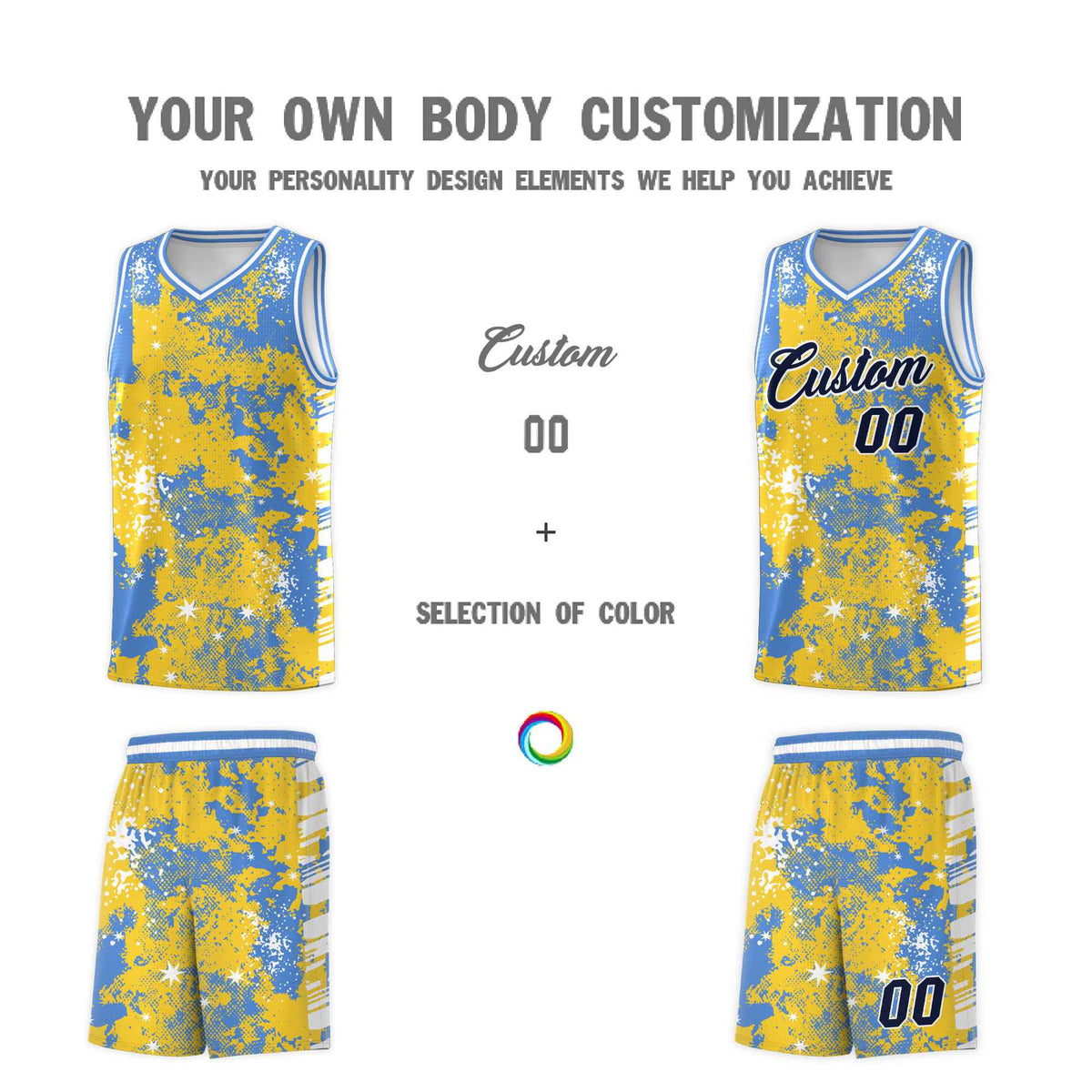 Custom Gold Powder Blue Vice Burst Galactic Graffiti Stretch Fabric Basketball Jersey