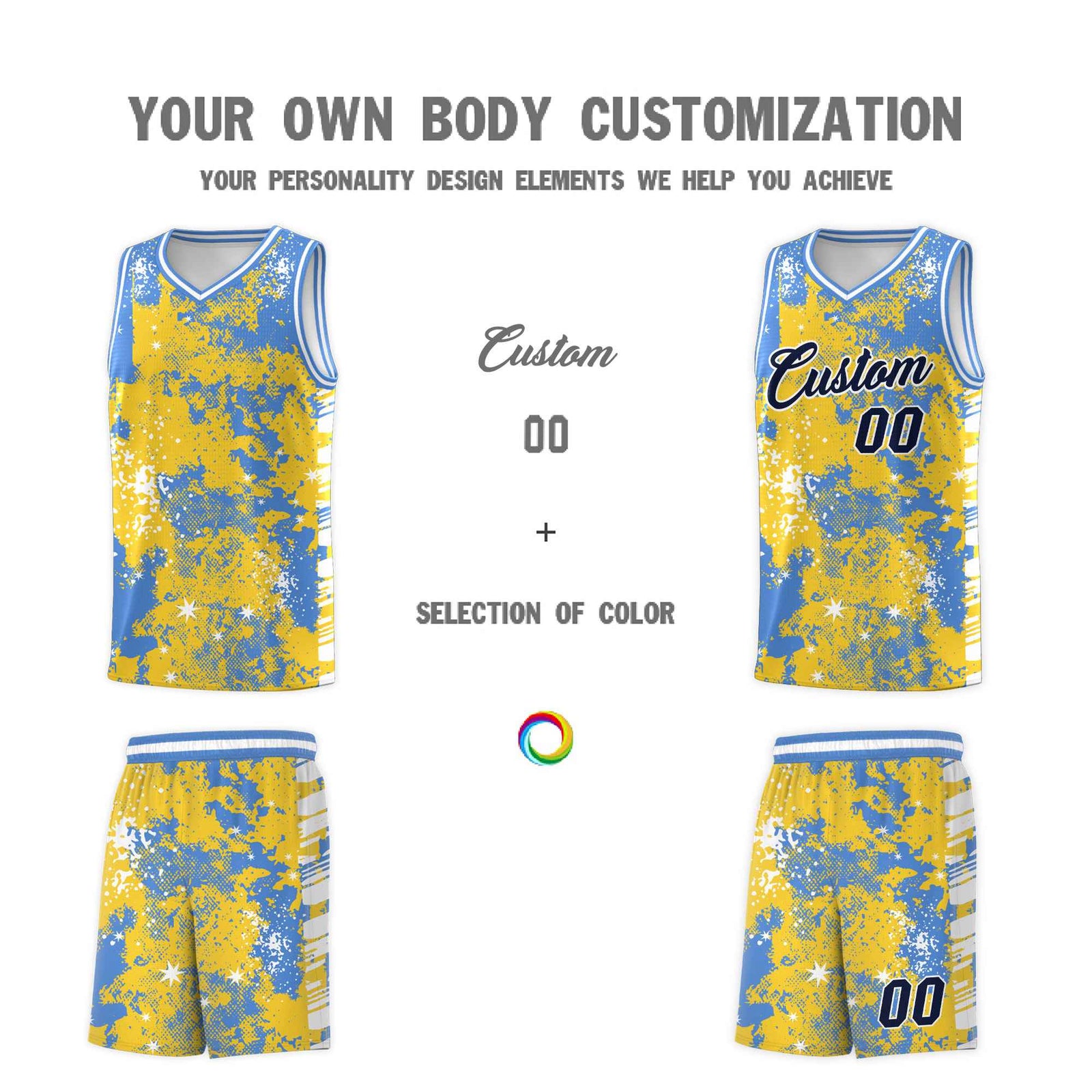 Custom Gold Powder Blue Vice Burst Galactic Graffiti Stretch Fabric Basketball Jersey