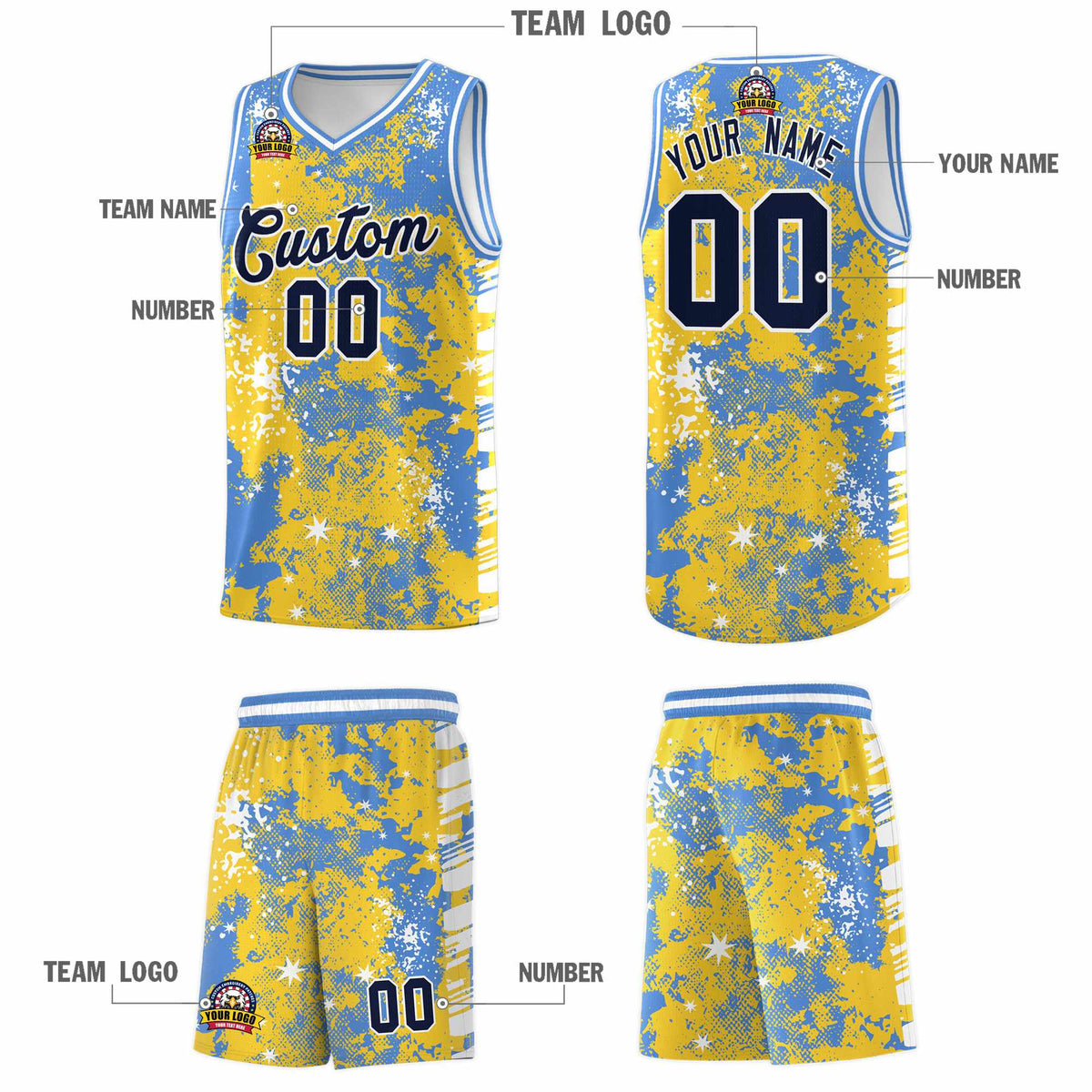 Custom Gold Powder Blue Vice Burst Galactic Graffiti Stretch Fabric Basketball Jersey