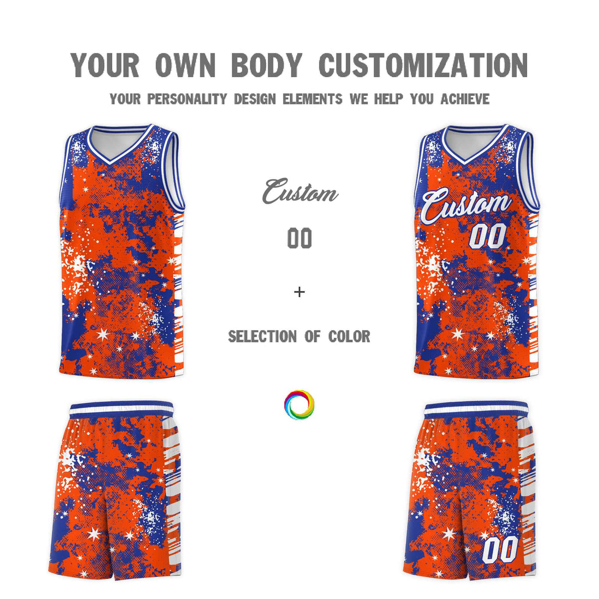 Custom Orange Royal Blue Vice Burst Galactic Graffiti Moisture-Wicking Basketball Jersey