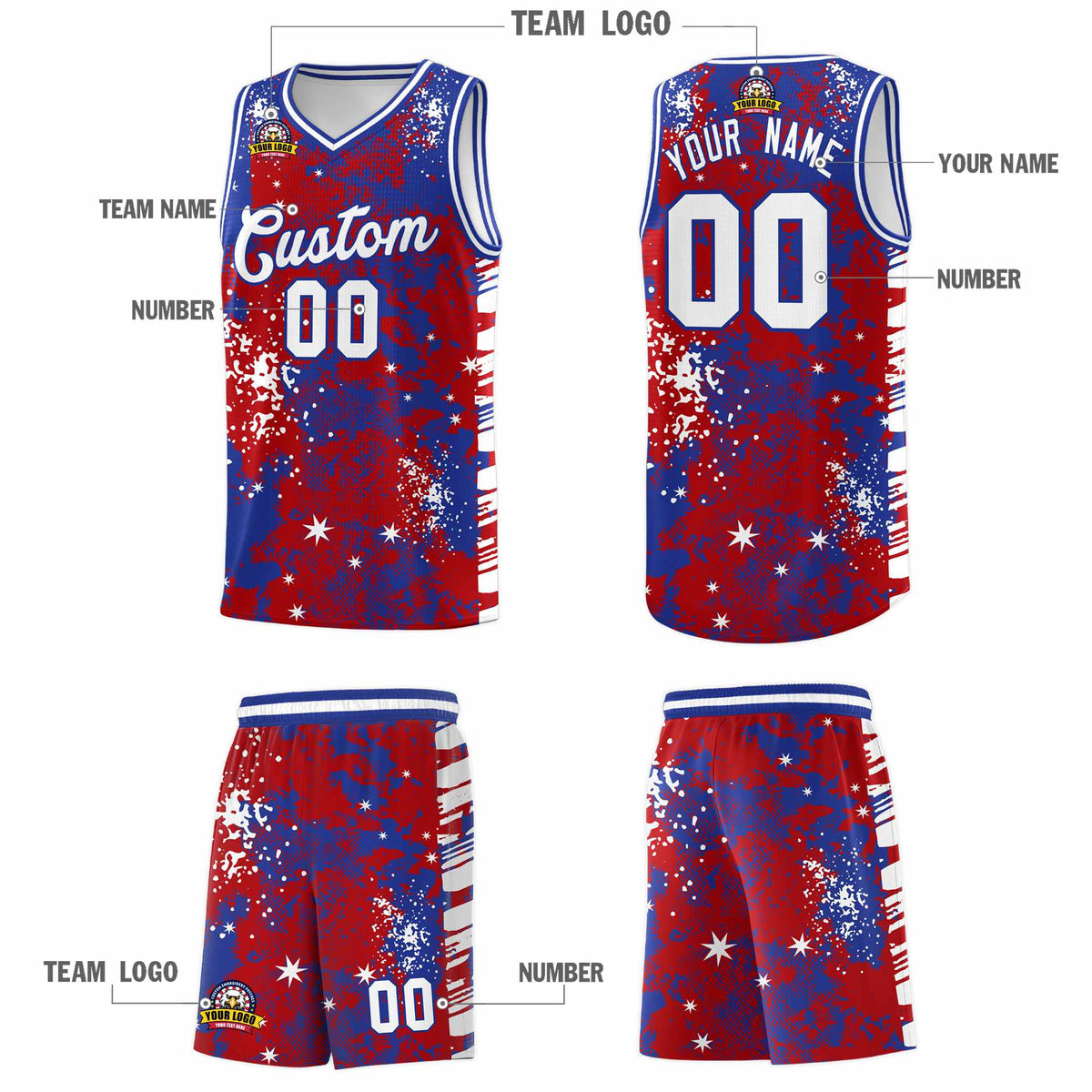 Custom Red Royal Blue Vice Burst Galactic Graffiti Wrinkle-Resistant Basketball Jersey