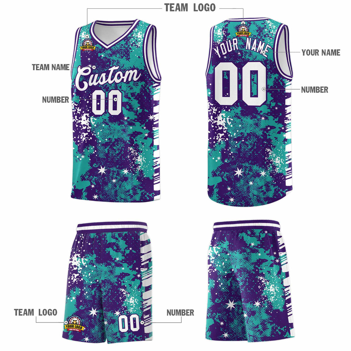 Custom Aqua Purple Vice Burst Galactic Graffiti Breathable Basketball Jersey