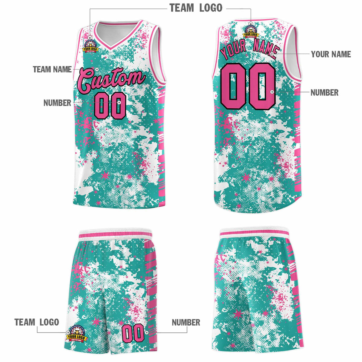 Custom Aqua Pink Vice Burst Galactic Graffiti Quick-Drying Basketball Jersey