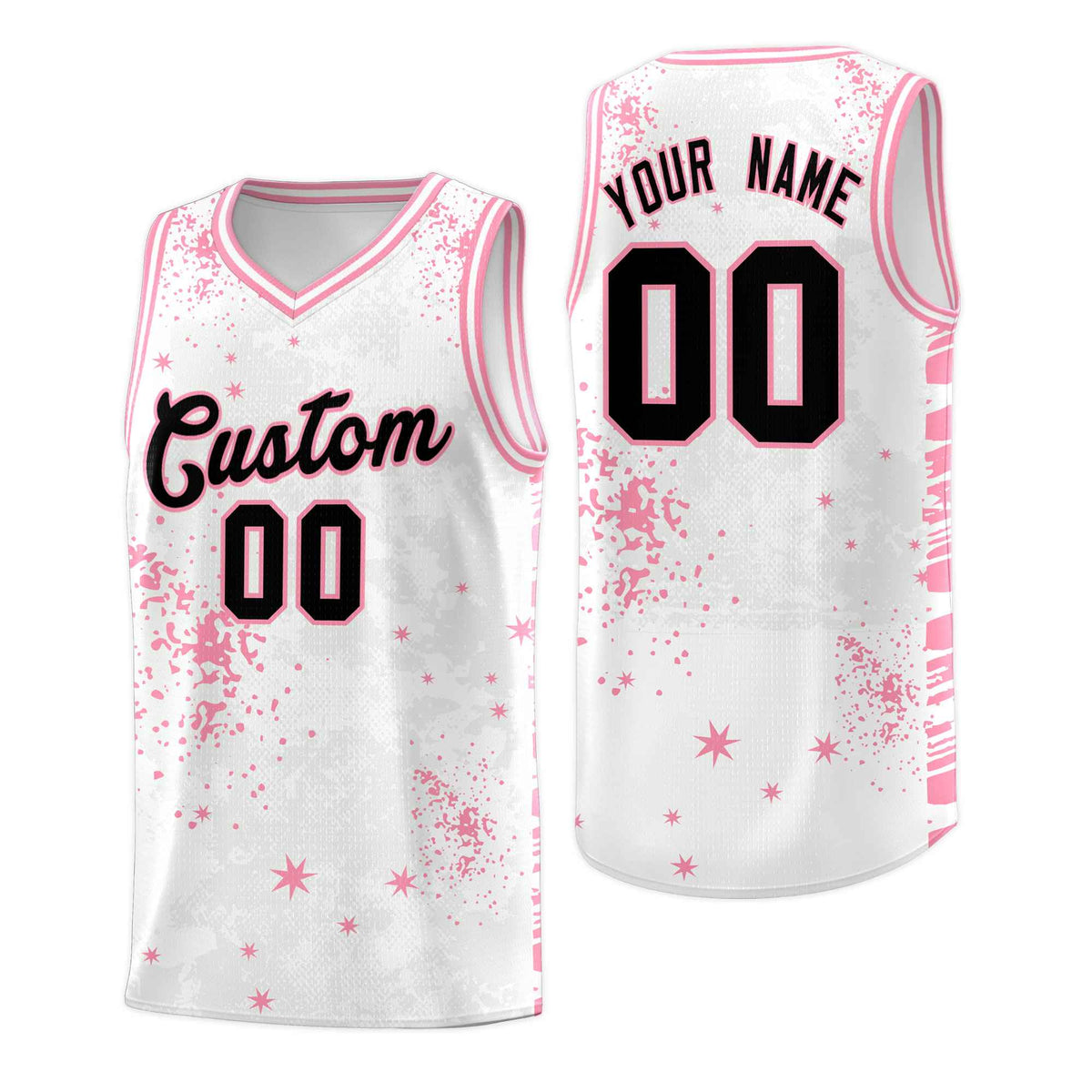Custom White Light Pink Vice Burst Galactic Graffiti Drapable Basketball Jersey