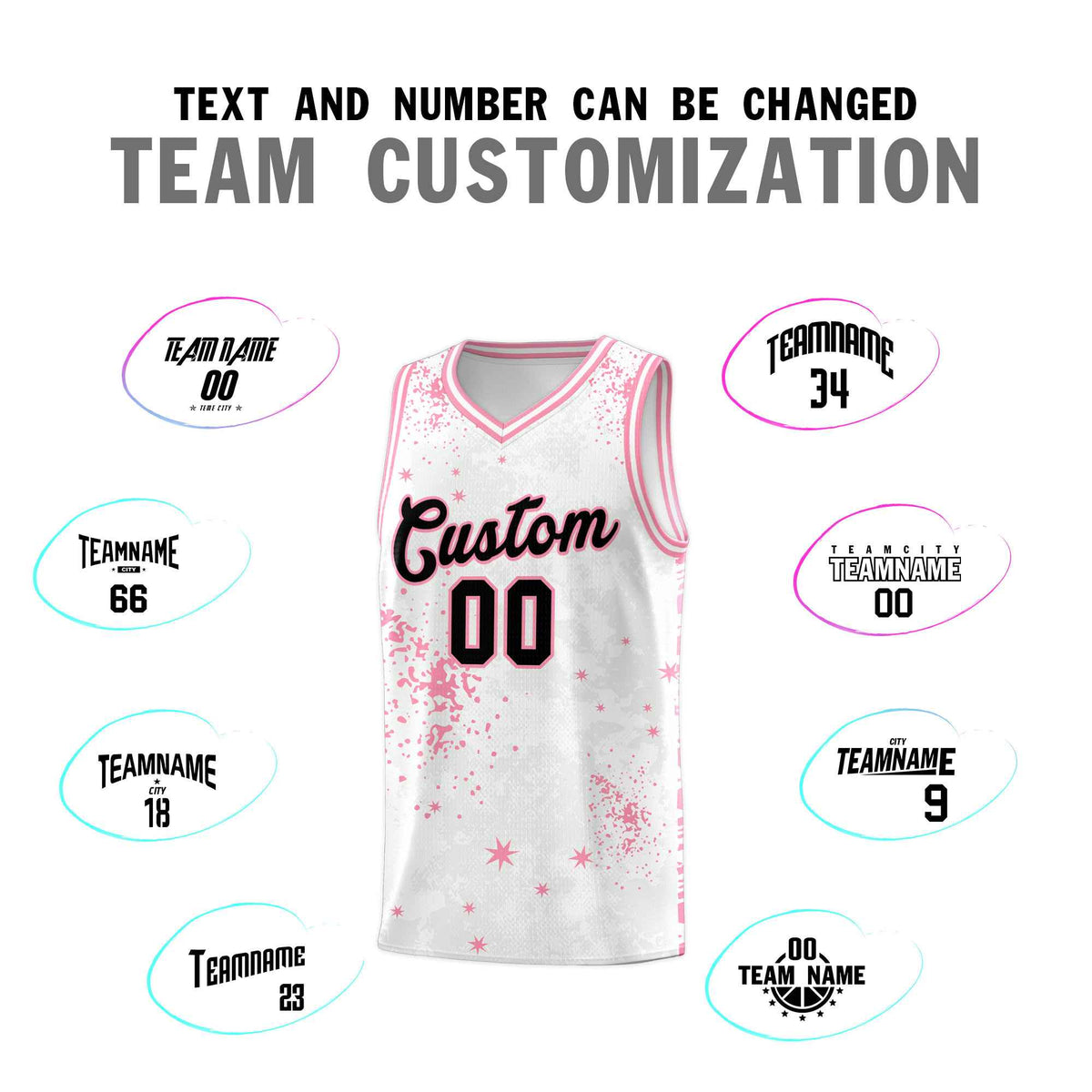 Custom White Light Pink Vice Burst Galactic Graffiti Drapable Basketball Jersey