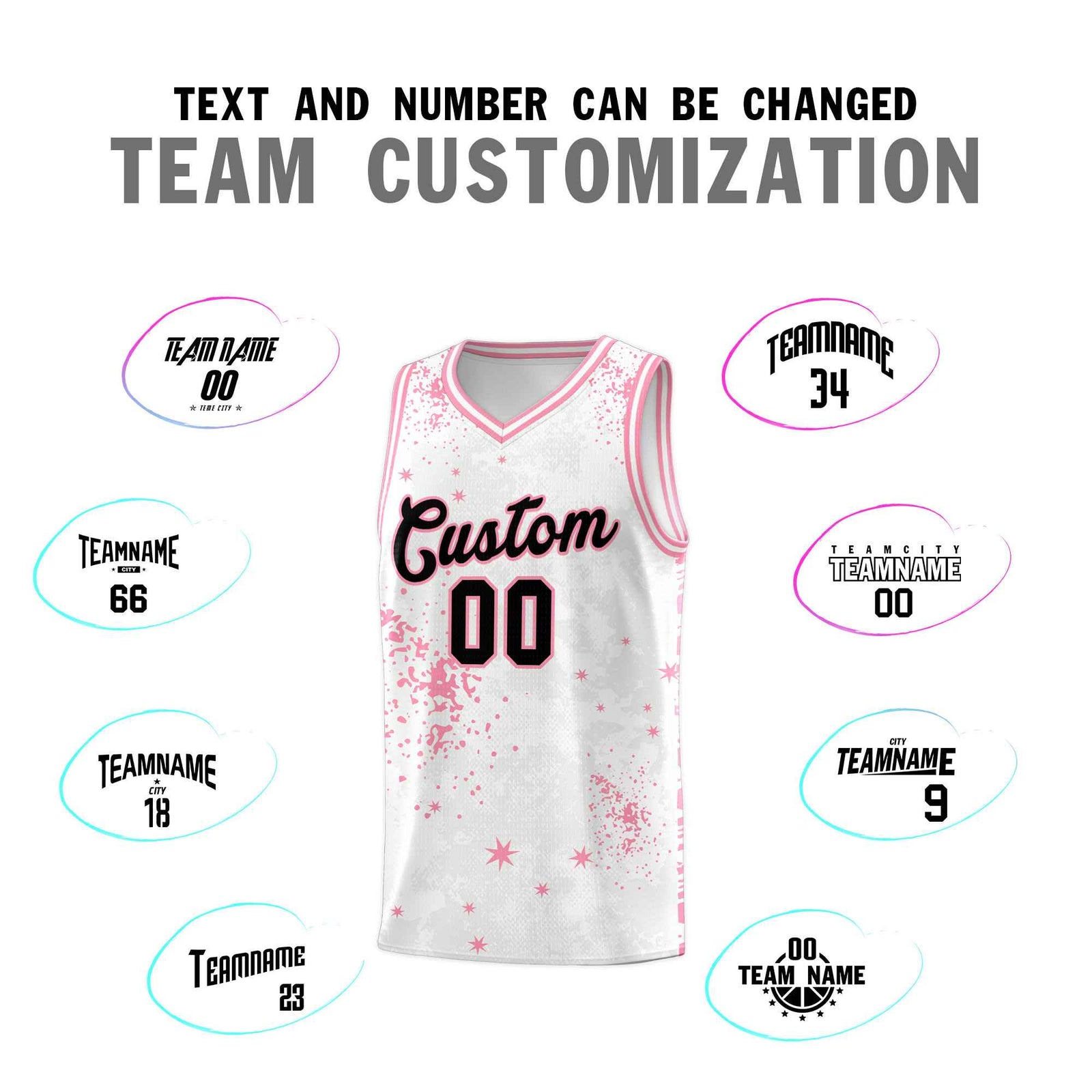 Custom White Light Pink Vice Burst Galactic Graffiti Drapable Basketball Jersey