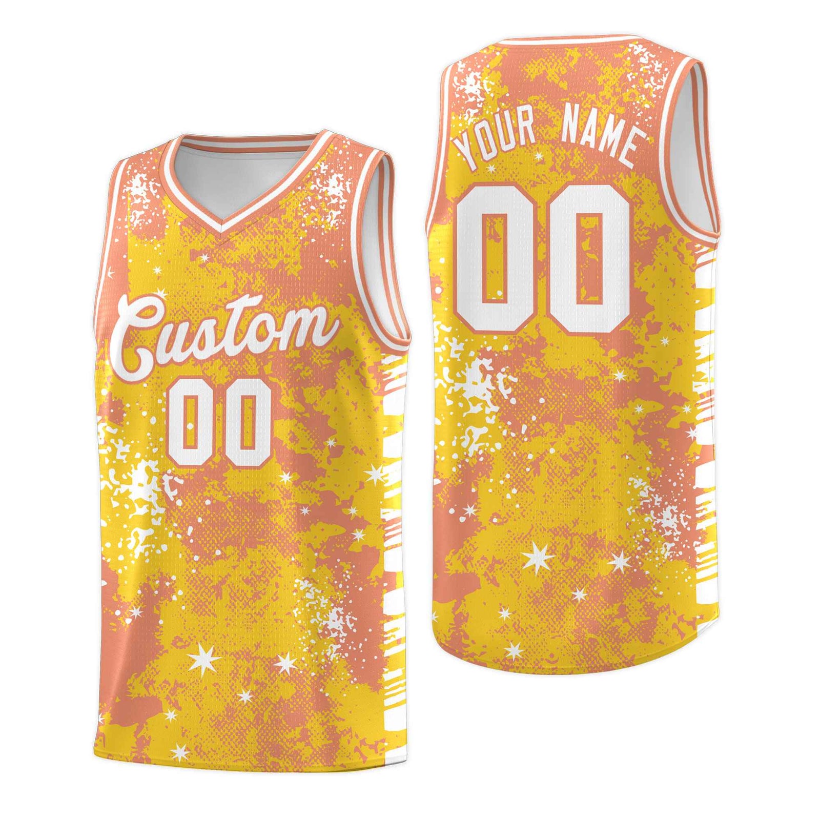 Custom Gold Light Orange Vice Burst Galactic Graffiti Stretch Fabric Basketball Jersey