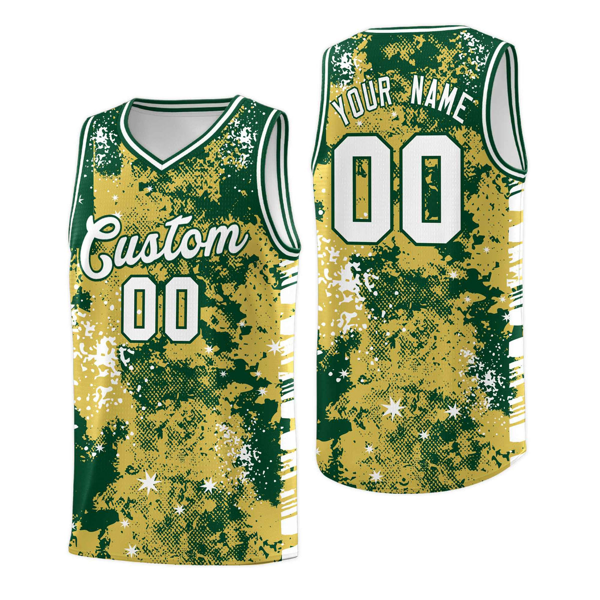 Custom Old Gold Kelly Green Vice Burst Galactic Graffiti Moisture-Wicking Basketball Jersey
