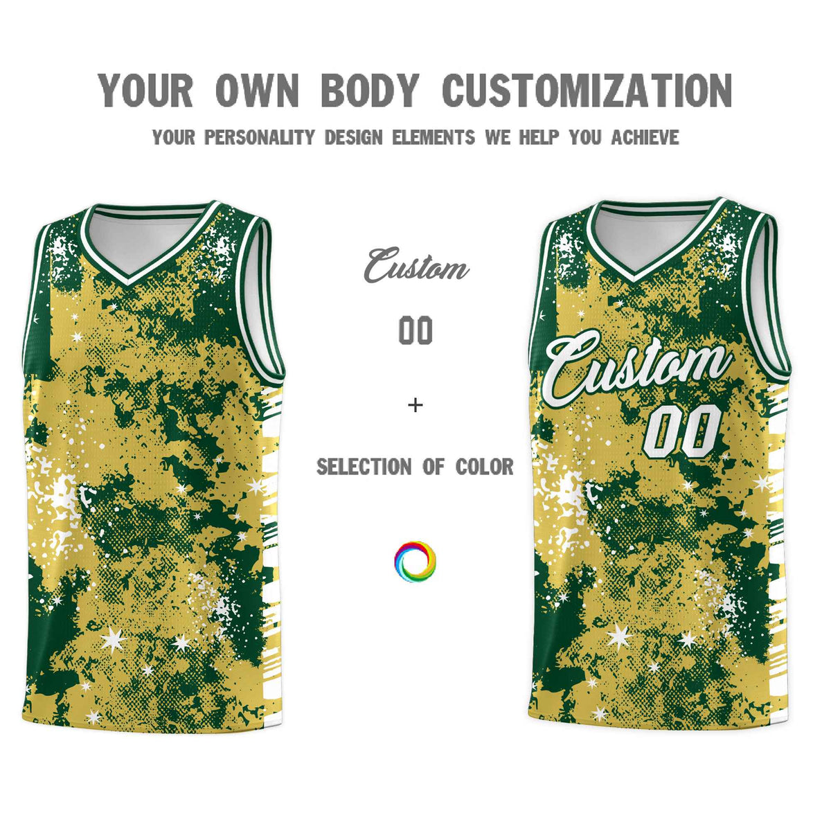 Custom Old Gold Kelly Green Vice Burst Galactic Graffiti Moisture-Wicking Basketball Jersey