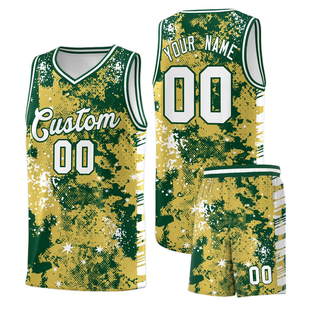 Custom Old Gold Kelly Green Vice Burst Galactic Graffiti Moisture-Wicking Basketball Jersey