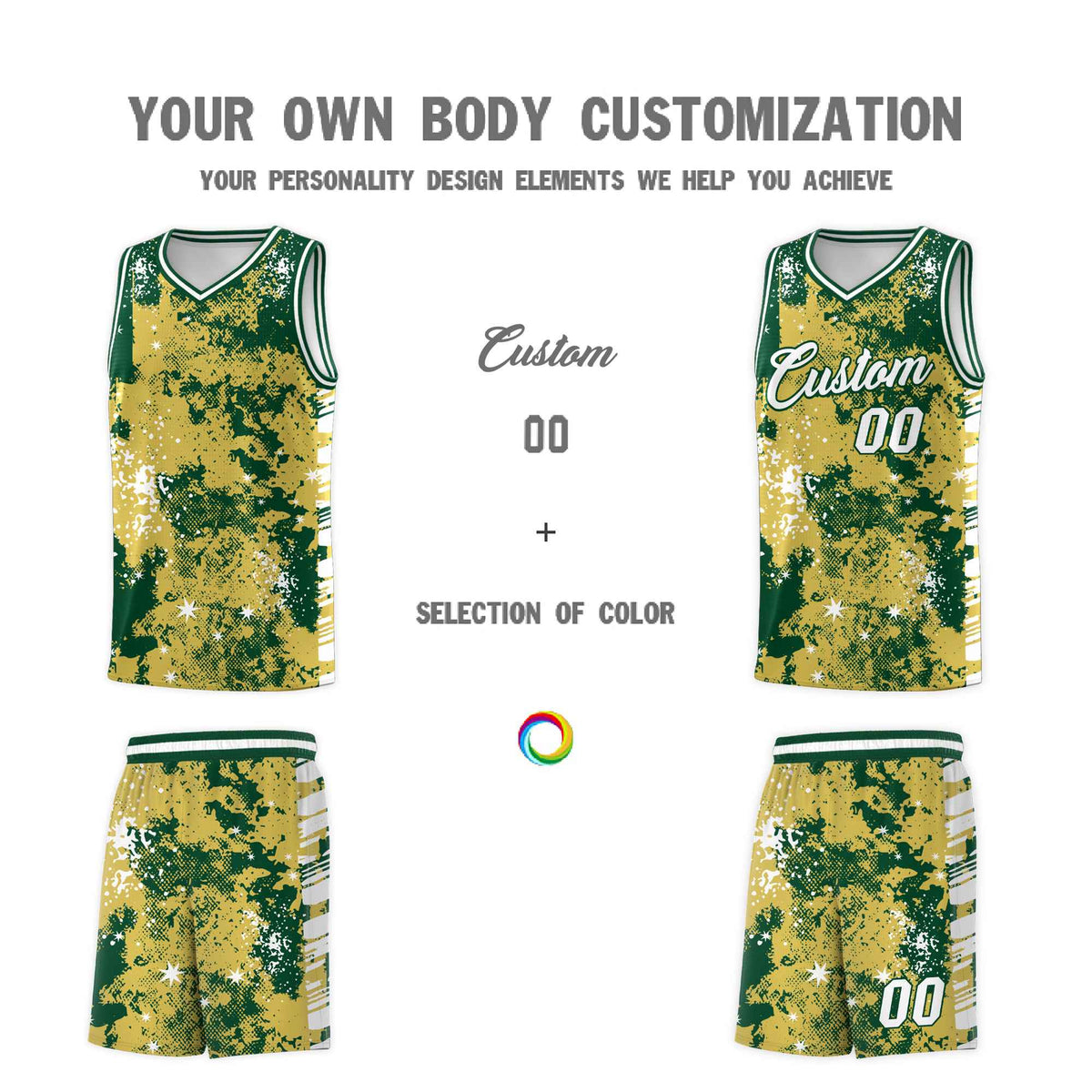Custom Old Gold Kelly Green Vice Burst Galactic Graffiti Moisture-Wicking Basketball Jersey