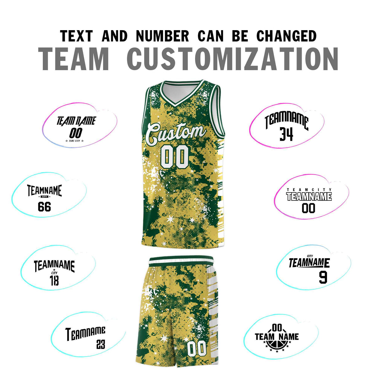 Custom Old Gold Kelly Green Vice Burst Galactic Graffiti Moisture-Wicking Basketball Jersey