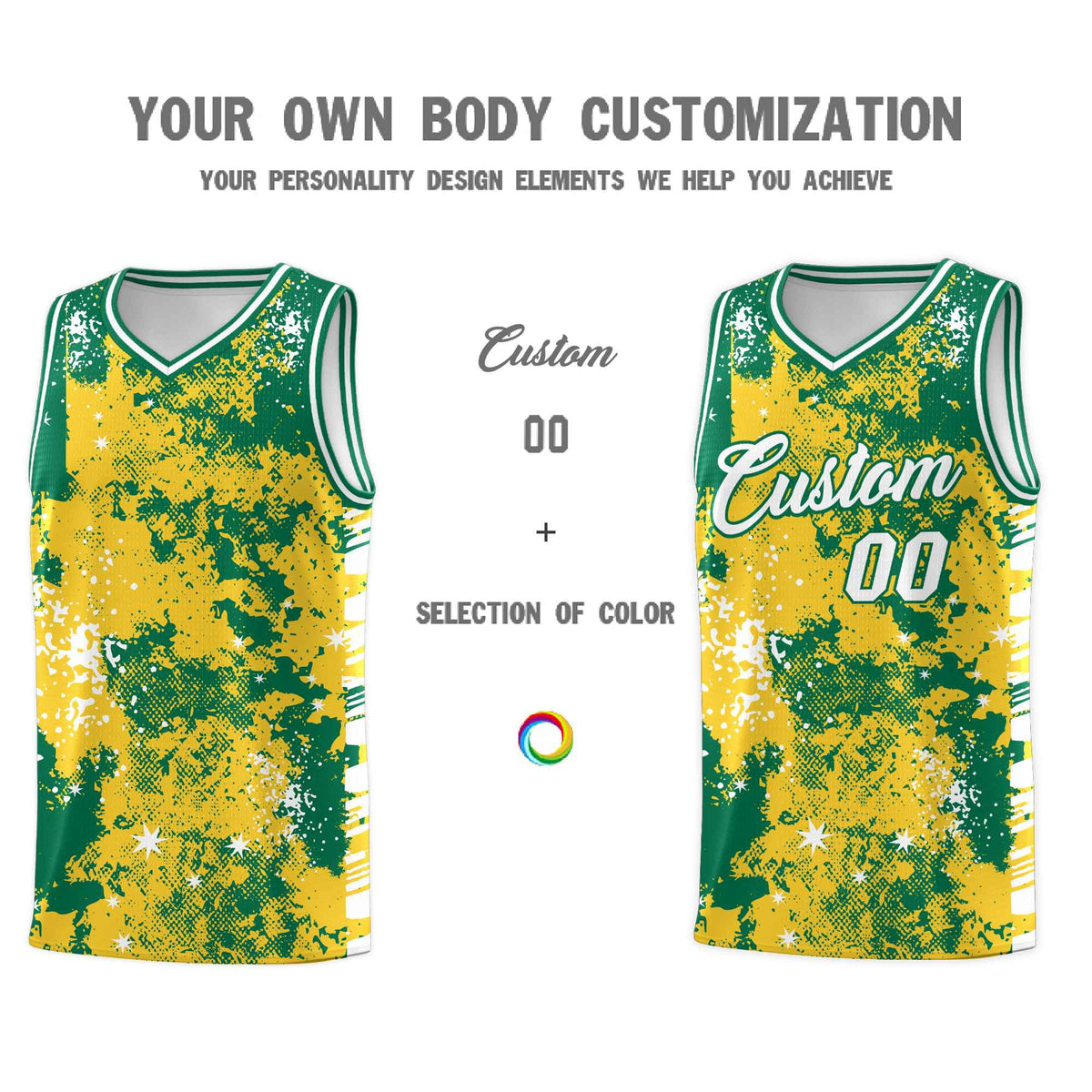 Custom Gold Kelly Green Vice Burst Galactic Graffiti Wrinkle-Resistant Basketball Jersey