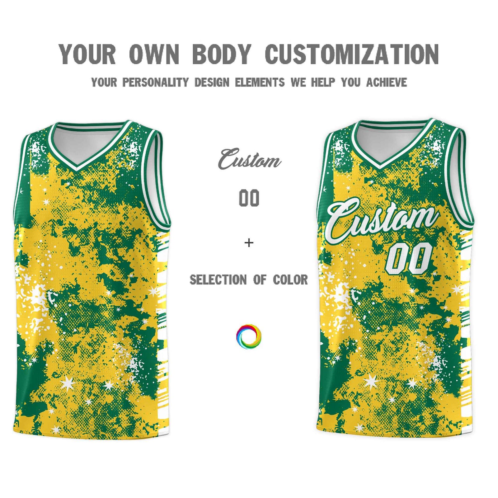 Custom Gold Kelly Green Vice Burst Galactic Graffiti Wrinkle-Resistant Basketball Jersey