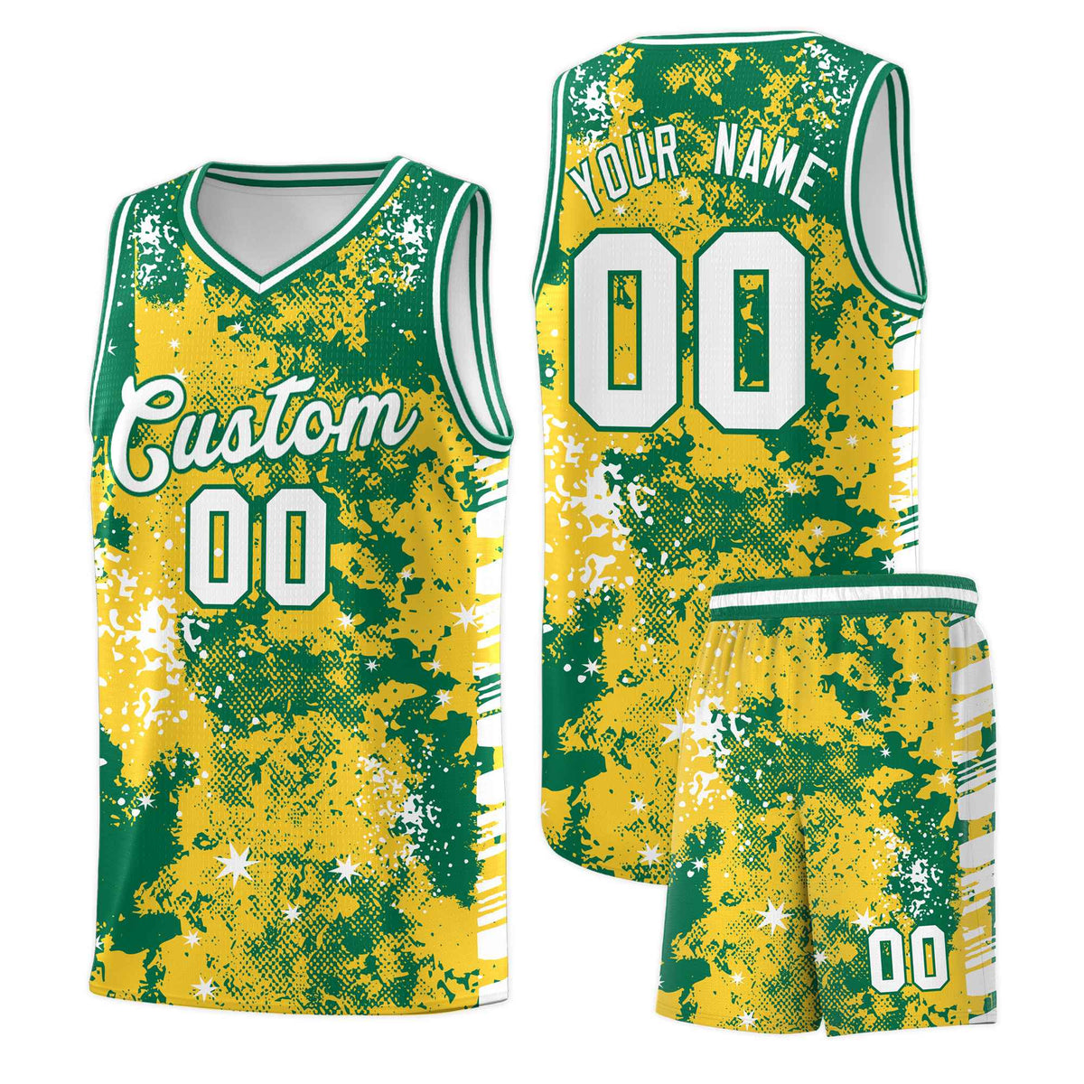 Custom Gold Kelly Green Vice Burst Galactic Graffiti Wrinkle-Resistant Basketball Jersey