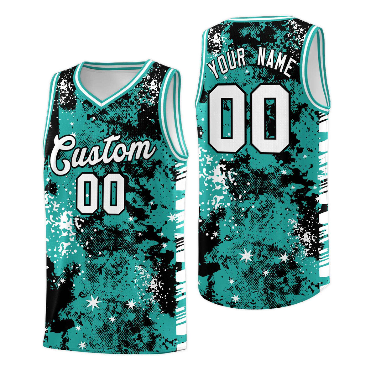Custom Black Light Teal Vice Burst Galactic Graffiti Breathable Basketball Jersey