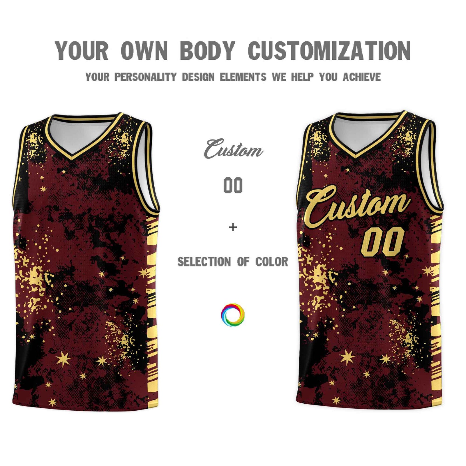Custom Burgundy Black Vice Burst Galactic Graffiti Quick-Drying Basketball Jersey