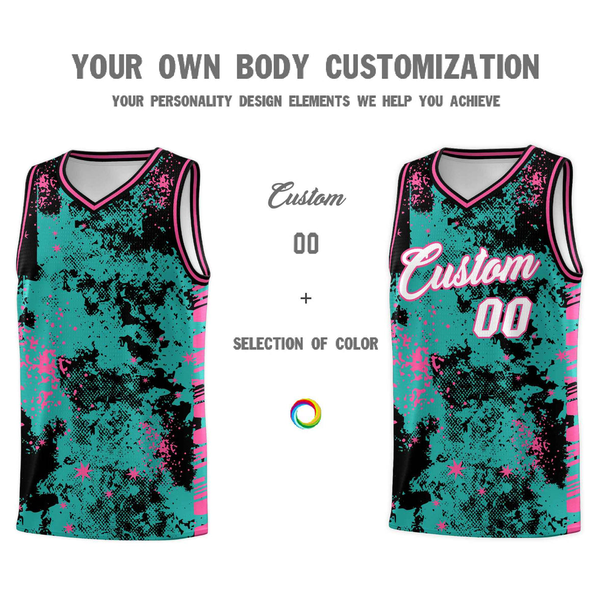 Custom Aqua Black Vice Burst Galactic Graffiti Drapable Basketball Jersey